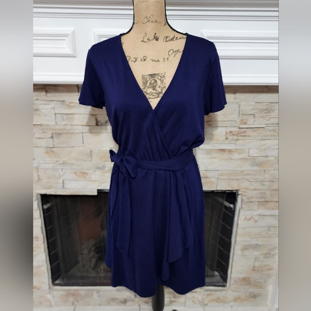 Draper James blue v‎ neck knit faux wrap skater dress size medium